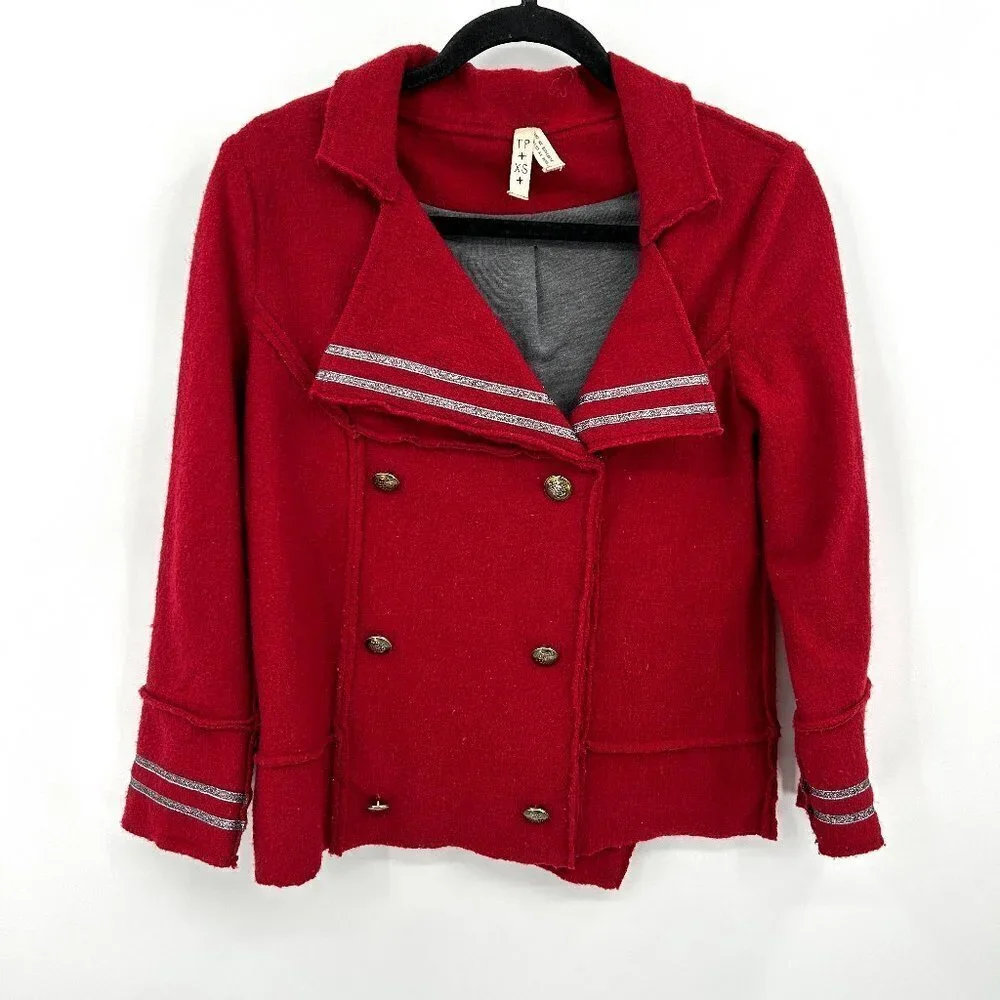 FREE PEOPLE We The Free Red Silver Metallic Wool Double Breasted Coat Jacket XS